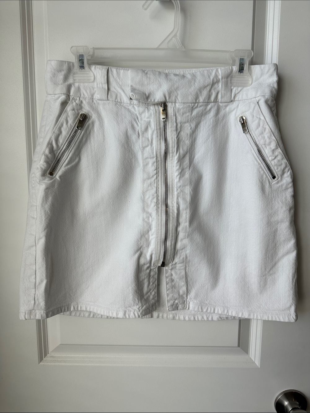 7 For All Mankind Front-Zip Moto White Denim Mini Skirt